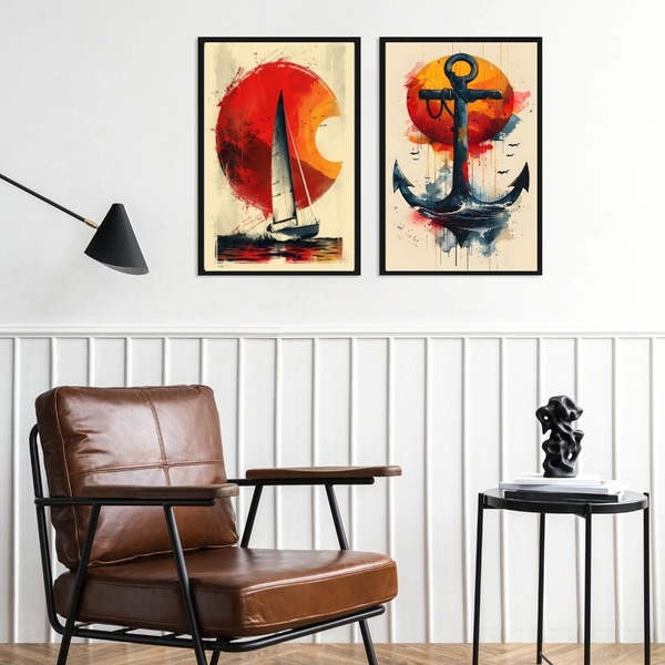 Kit 2 Quadros Arte Nautica Aquarela - Sol 45x34cm - Com Vidro