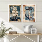 Kit 2 Quadros Arte Nautica - Barco E Âncora 33x24cm - Com Vid