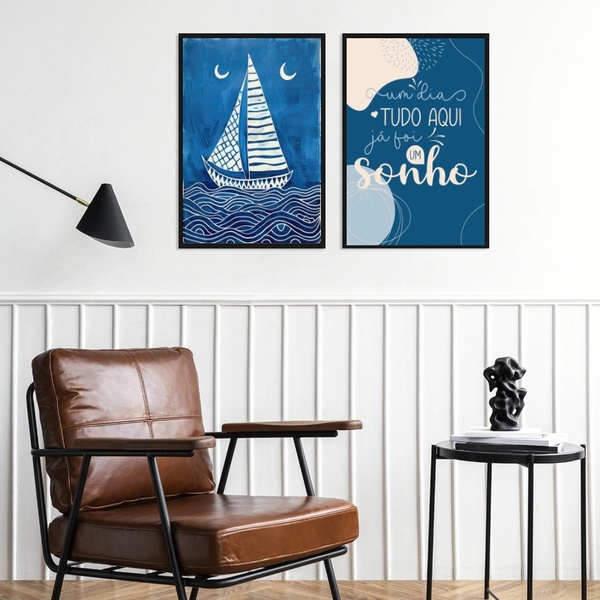 Kit 2 Quadros Arte Nautica - Sonho 45x34cm - Com Vidro Moldur