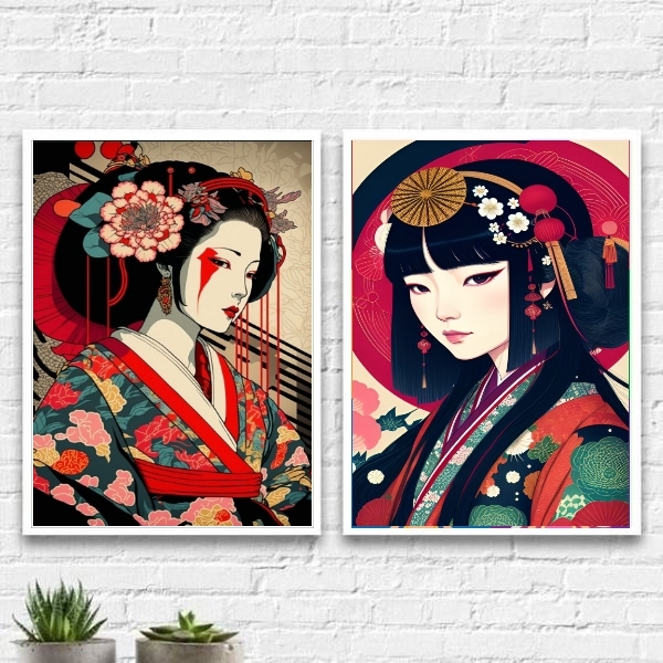 Kit 2 Quadros Arte Oriental Geishas 33x24cm Moldura:madeira P