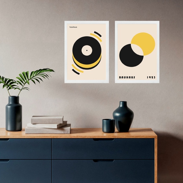 Kit 2 Quadros Artes Bauhaus Discos - Preto E Amarelo 33x24cm