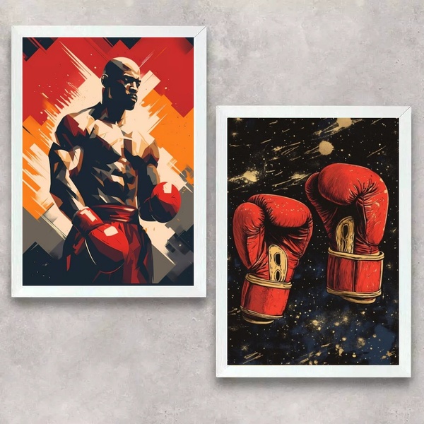 Kit 2 Quadros Artes Boxe - Lutador E Luvas 45x34cm Moldura Pr