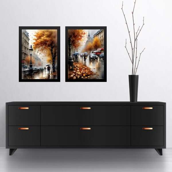 Kit 2 Quadros Artes Cidades Européias Na Chuva 45x34cm - Com