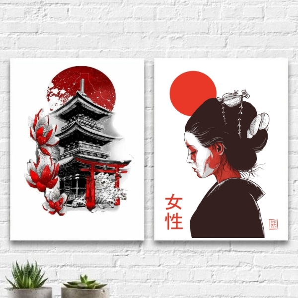 Kit 2 Quadros Artes Orientas 24x18cm Moldura:madeira Branca