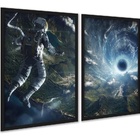 Kit 2 Quadros Astronauta Buraco Negro Espaço 24x18cm Moldura