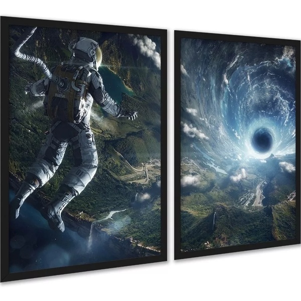 Kit 2 Quadros Astronauta Buraco Negro Espaço 45x34cm Moldura