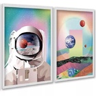 Kit 2 Quadros Astronauta Colorido Planetas 24x18cm - Com Vidr