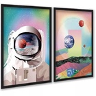 Kit 2 Quadros Astronauta Colorido Planetas 33x24cm - Com Vidr