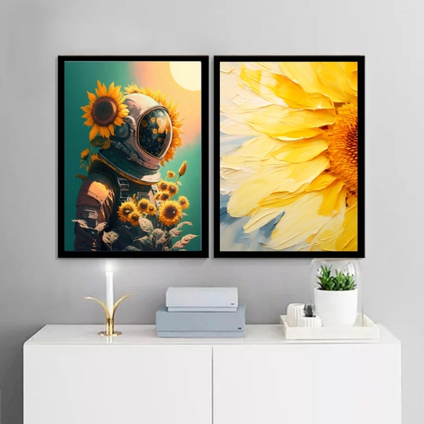 Kit 2 Quadros Astronauta E Girassois 33x24cm Moldura Branca