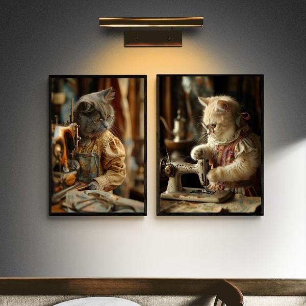 Kit 2 Quadros Atelier De Costura - Gatinhas 45x34cm - Com Vid