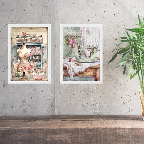 Kit 2 Quadros Atelier - Sala De Costura 45x34cm Moldura Branca