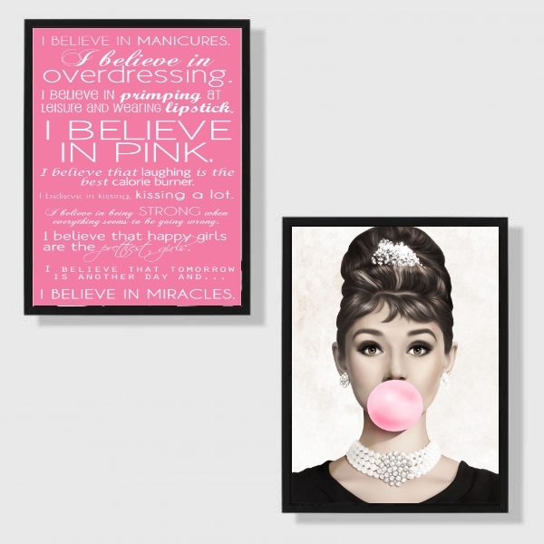Kit 2 Quadros Audrey I Believe In Pink 45x34cm - Com Vidro Mo