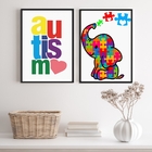 Kit 2 Quadros Autismo - Elefantinho 45x34cm Moldura:madeira P