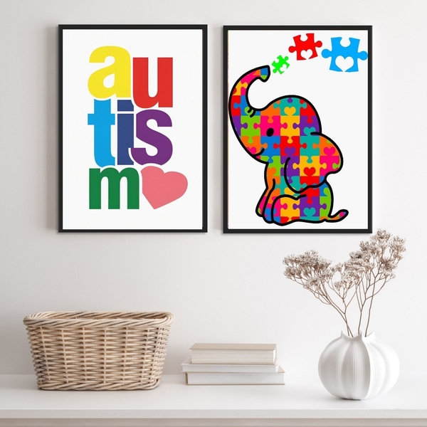 Kit 2 Quadros Autismo - Elefantinho 45x34cm Moldura:madeira P