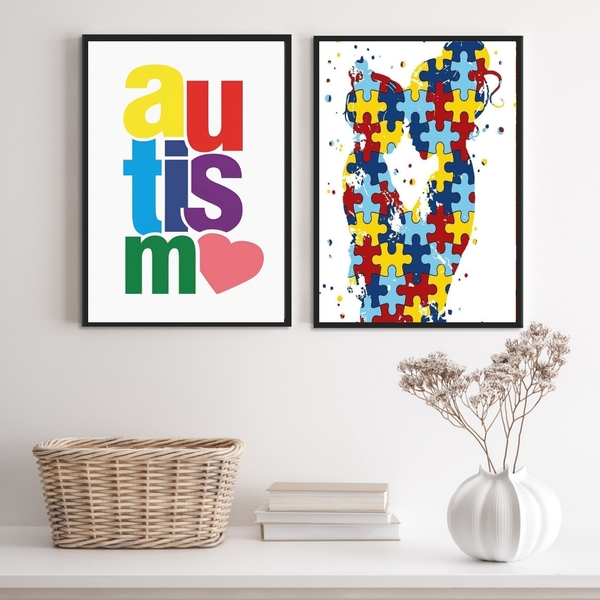 Kit 2 Quadros Autismo - Mãe E Filho 24x18cm Moldura:madeira P