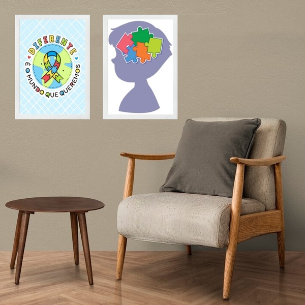 Kit 2 Quadros Autismo - Mundo Diferente 33x24cm Moldura Preta
