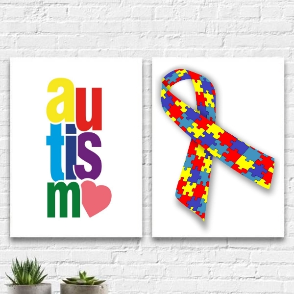 Kit 2 Quadros Autismo Símbolo 45x34cm - Com Vidro Moldura:mad