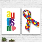 Kit 2 Quadros Autismo Símbolo 45x34cm Moldura:madeira Branca