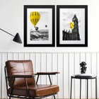 Kit 2 Quadros Balões Amarelos - 60x48cm Moldura:madeira Branca