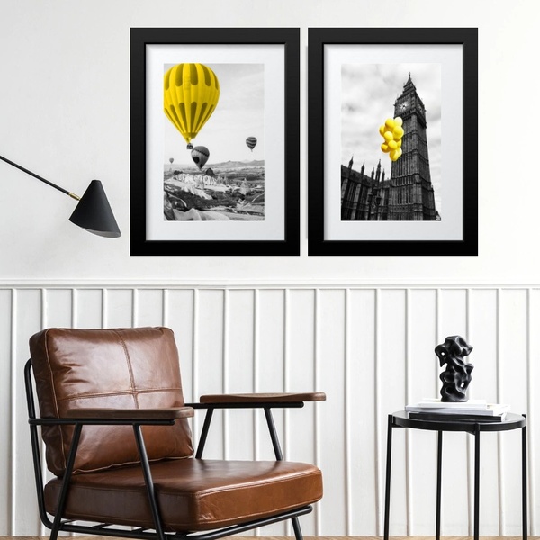 Kit 2 Quadros Balões Amarelos - 60x48cm Moldura:madeira Preta