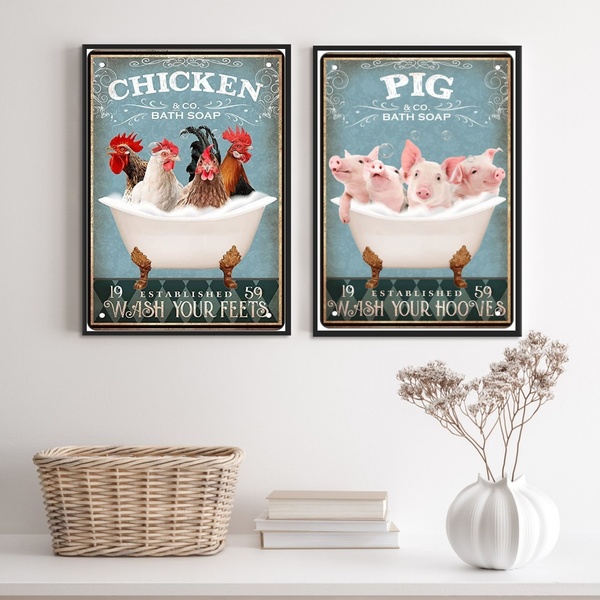 Kit 2 Quadros Banheiro Animais Fazenda 33x24cm Moldura:madeir