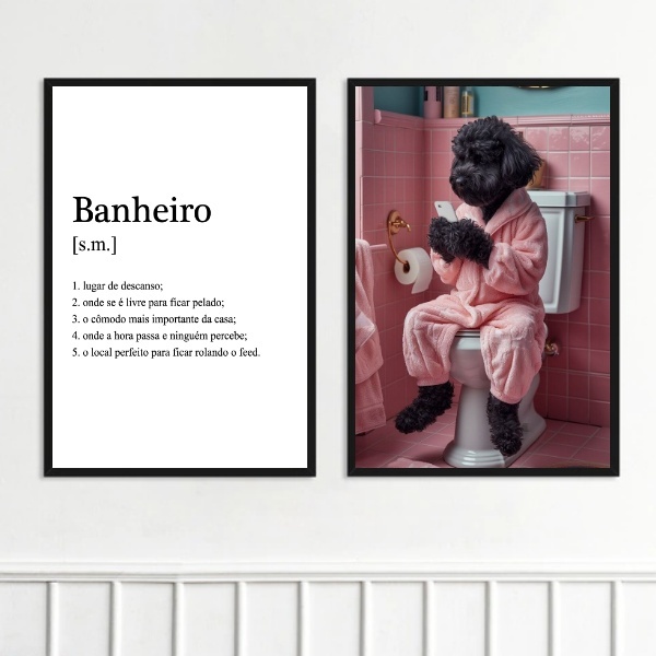 Kit 2 Quadros Banheiro - Cachorrinho Poodle 45x34cm Moldura P