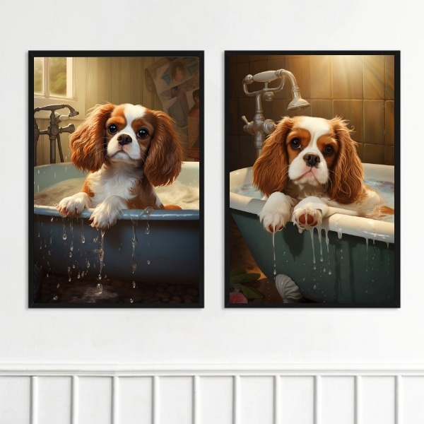 Kit 2 Quadros Banheiro Cão Charles Spaniel 45x34cm Moldura Pr