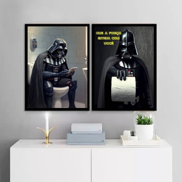 Kit 2 Quadros Banheiro Do Darth 24x18cm Moldura Preta