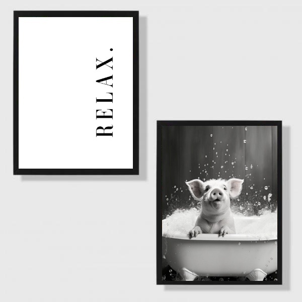 Kit 2 Quadros Banheiro Relax Porquinho 45x34cm Moldura Preta