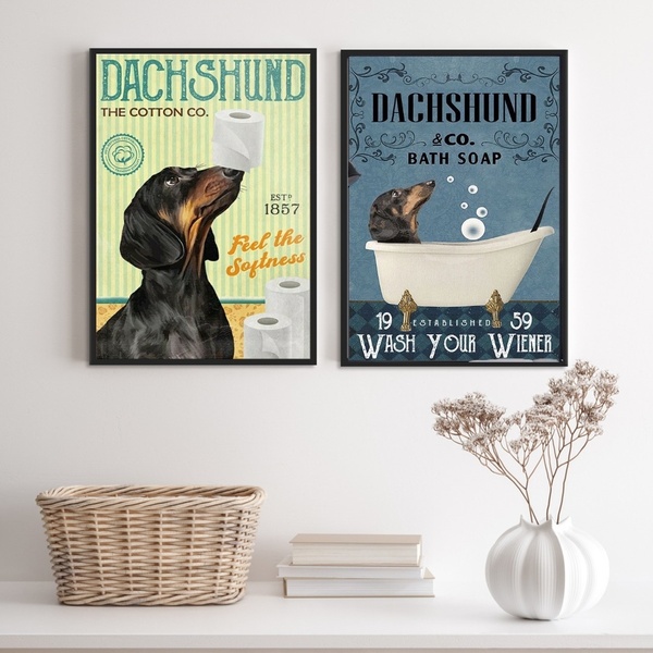 Kit 2 Quadros Banheiro Vintage - Dachshund 33x24cm Moldura:ma
