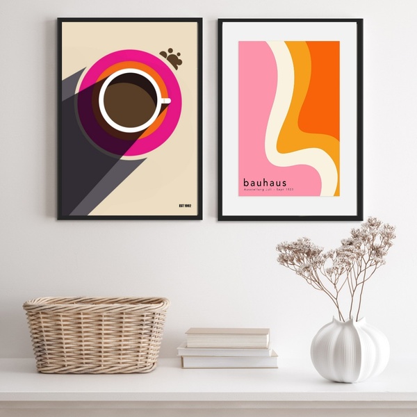 Kit 2 Quadros Bauhaus Abstrato - Café 45x34cm - Com Vidro Mol