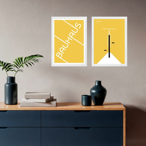 Kit 2 Quadros Bauhaus - Bicicleta Amarela 45x34cm - Com Vidro