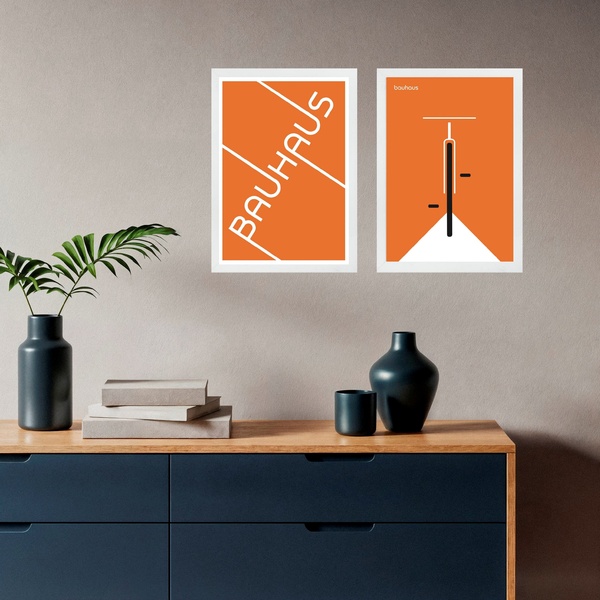 Kit 2 Quadros Bauhaus Bicicleta - Laranja 24x18cm - Com Vidro