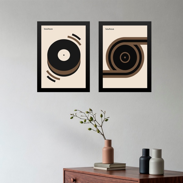 Kit 2 Quadros Bauhaus Discos - Marrom 24x18cm Moldura Branca