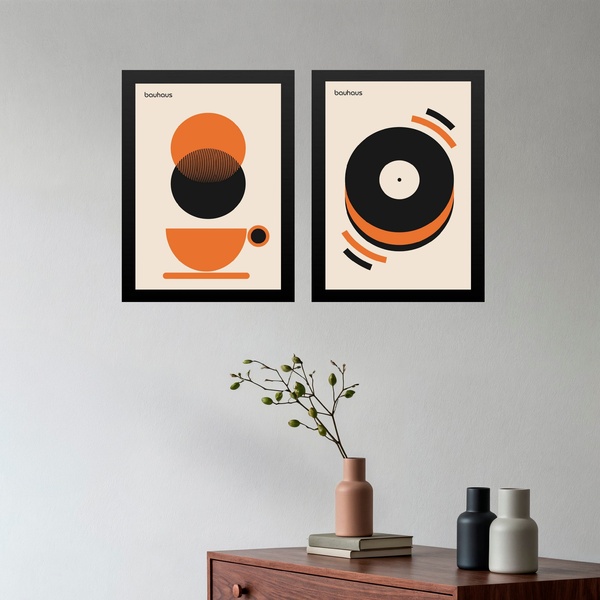 Kit 2 Quadros Bauhaus Laranja - Café Disco 45x34cm Moldura Br