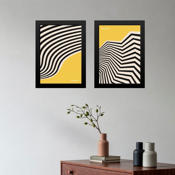 Kit 2 Quadros Bauhaus Listras Curvas - Preto E Amarelo 24x18c