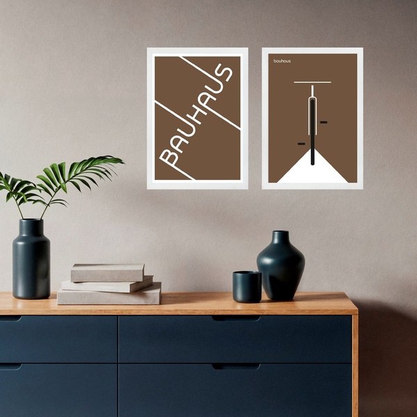 Kit 2 Quadros Bauhaus Marrom - Bicicleta 45x34cm - Com Vidro