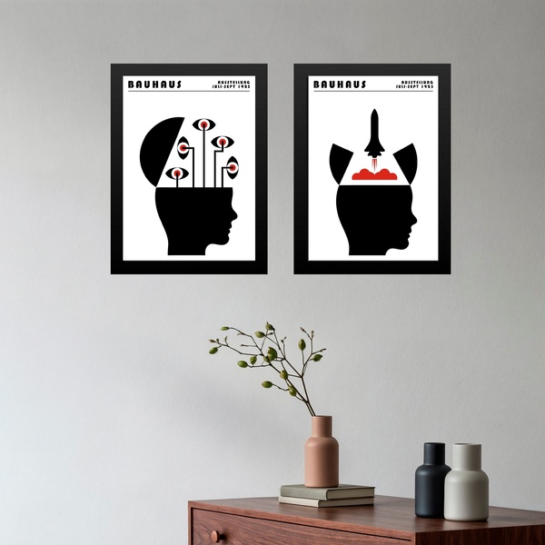 Kit 2 Quadros Bauhaus Psicologia - Mente 45x34cm Moldura Preta