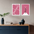 Kit 2 Quadros Bauhaus Rosa - Bicicleta 24x18cm Moldura Branca