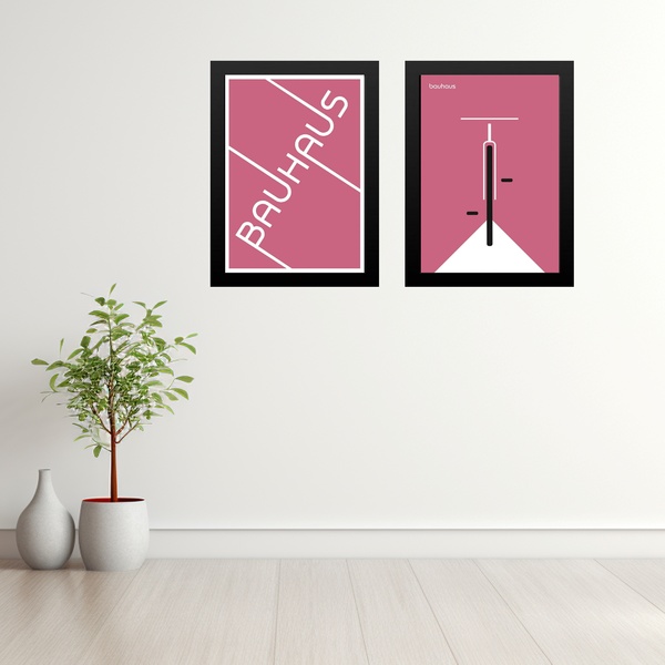Kit 2 Quadros Bauhaus Rosa - Bicicleta 45x34cm - Com Vidro Mo