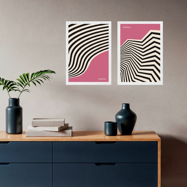 Kit 2 Quadros Bauhaus Rosa E Preto - Curvas 45x34cm - Com Vid