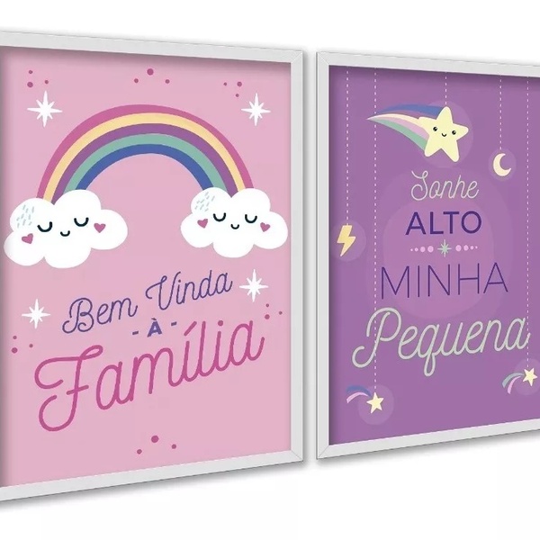 Kit 2 Quadros Bebê Menina - Lilás E Rosa 45x34cm Moldura Bran