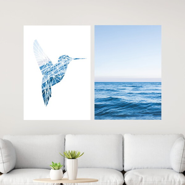 Kit 2 Quadros Beija-flor Com Mar 45x34cm Moldura:madeira Preta