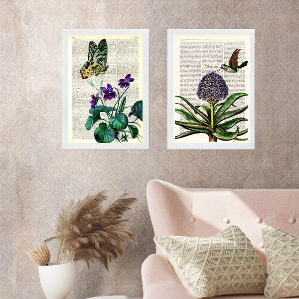 Kit 2 Quadros Beija-flor E Borboleta Vintage 24x18cm Moldura: