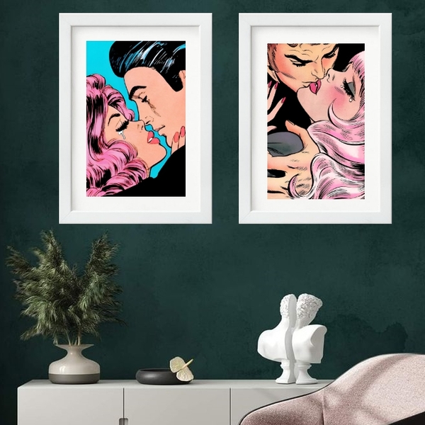 Kit 2 Quadros Beijo Pop Arte - 60x48cm Moldura:madeira Preta