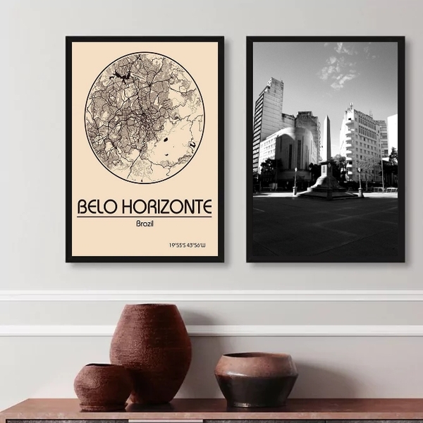 Kit 2 Quadros Belo Horizonte- Mapa E Fotografia 33x24cm Moldu