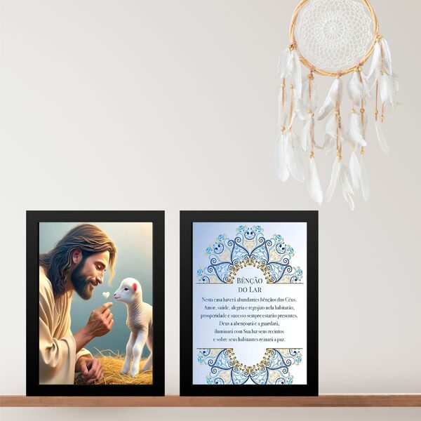 Kit 2 Quadros Benção Do Lar - Jesus 45x34cm - Com Vidro Moldu