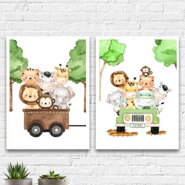 Kit 2 Quadros Bichinhos Safari 33x24cm - Com Vidro Moldura:ma