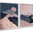 Kit 2 Quadros Boho Montanhas Rosa Azul 33x24cm Moldura Preta