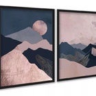 Kit 2 Quadros Boho Montanhas Rosa Azul 45x34cm Moldura Preta